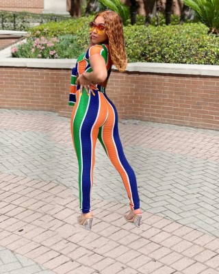 Wide Striped Colorful Knot Crop Top and Matching Pants Set