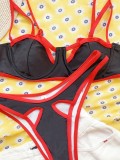 2PC Red and Black Cut Out Strap Swimwear