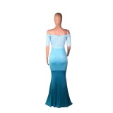 Off the Shoulder Contrast Mermaid Evening Dress with Belt