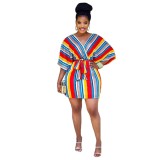 African Colorful Striped V Neck Dress with Belt