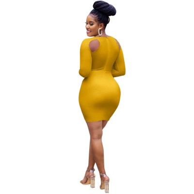 Solid Color Long Sleeves Cut Out Bodycon Club Dress
