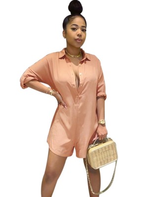 Autumn Solid Plain Button Up Casual Rompers