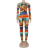 African Off Shoulder Colorful Long Sleeve Bodycon Jumpsuit