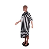 Autumn Striped Long Shirt Dress with Half Sleeves