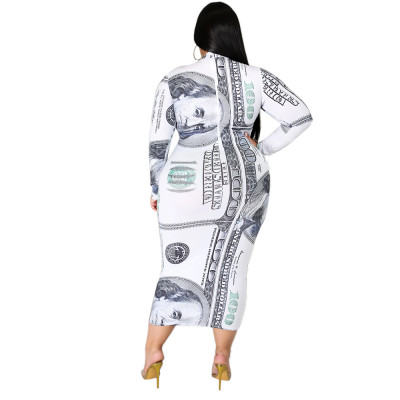 Plus Size Dollar Print Long Sleeve Midi Dress
