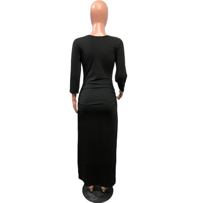 Solid Plain Ruched O Neck Long Dress