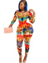 African Off Shoulder Colorful Long Sleeve Bodycon Jumpsuit
