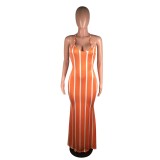 Open Back Sexy Striped Halter Long Dress