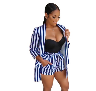 Autumn 2pc Striped Matching Shorts and Blazer Suit