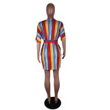 African Colorful Striped V Neck Dress with Belt