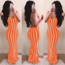 Open Back Sexy Striped Halter Long Dress