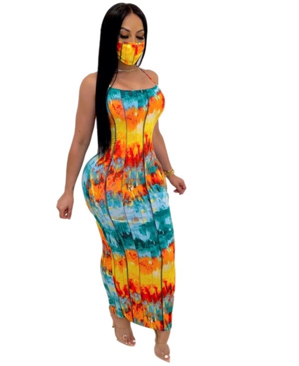 Sexy Tie Dye Halter Midi Dress with Matching Face Cover