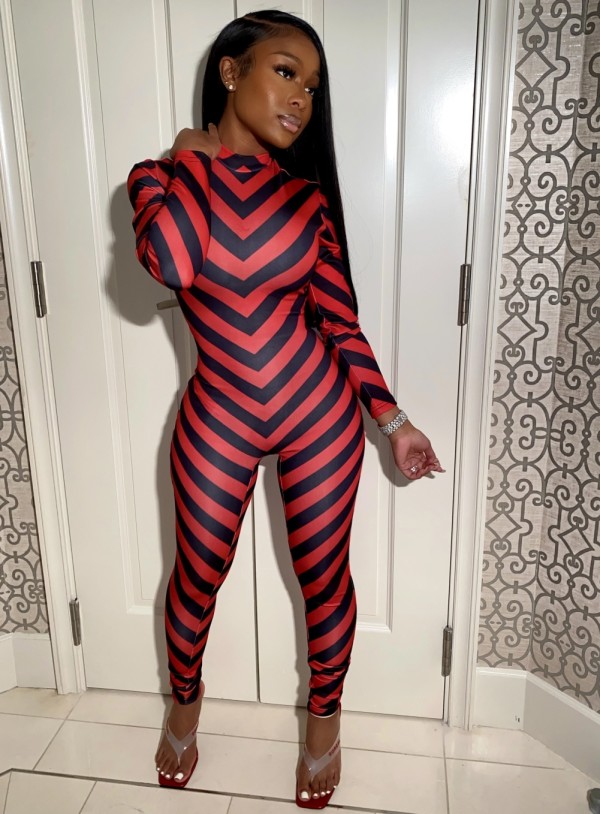 Sexy Wavy Print Long Sleeve Bodycon Jumpsuit