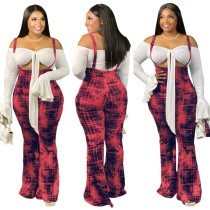 Plus Size Tie Dye High Waist Suspender Plaid Pants