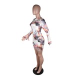Print African Short Bodycon Dress with Wide Cuffs