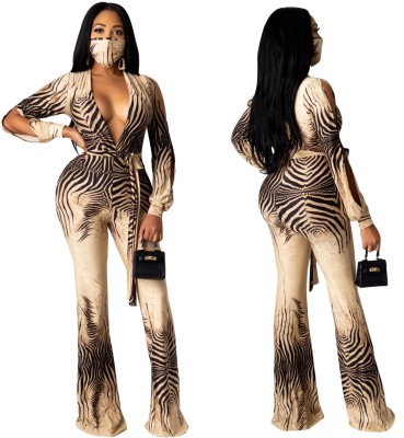 Autumn Print Deep-V Slit Sleeves Jumpsuit with Matching Face Cover