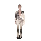 Autumn Print Deep-V Slit Sleeves Jumpsuit with Matching Face Cover