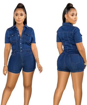 Casual Dark Blue Short Sleeves Button Up Denim Rompers