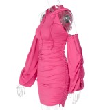 Autumn Pink Ruched Hoody Dress with Pop Sleeves