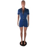 Casual Dark Blue Short Sleeves Button Up Denim Rompers