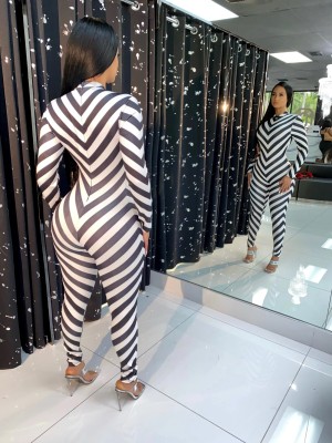Sexy Wavy Print Long Sleeve Bodycon Jumpsuit