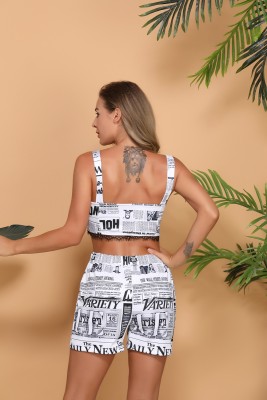 Summer White and Black Print Newsletter Crop Top and Shorts Set