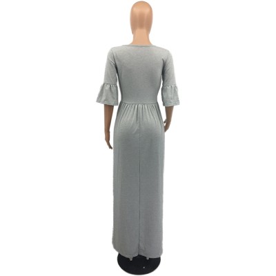 Plus Size V Neck Casual Plain Long Dress