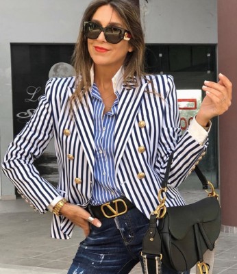 Western Long Sleeve Stripped Botton Blazer