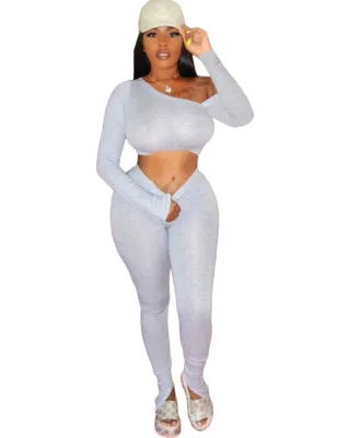 Autumn Matching Plain One Shoulder Crop Top and Slit Bottom Pants