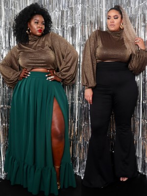 Plus Size Metallic High Neck Crop Top with Loose Sleeves