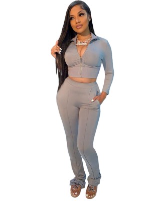 Autumn Matching Plain Crop Top and Pants Zipper Tracksuit