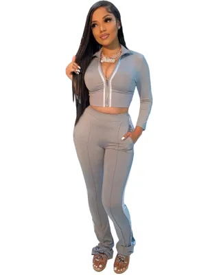 Autumn Matching Crop Top and Pants Zipper Tracksuit