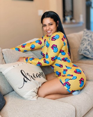 Long Sleeve Tongue Print Sexy Rompers