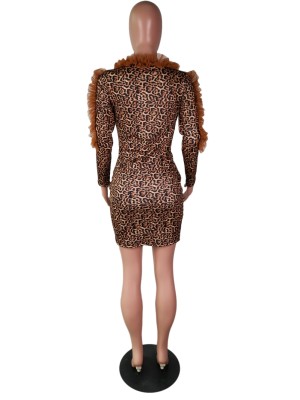 Autumn V Neck Ruffles Leopard Mini Club Dress