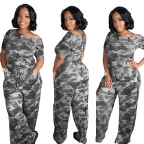 Casual Camou Print Short Sleeve Loose Jumpsuit