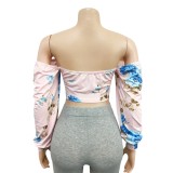 Sexy Strapless Lace Up Floral Crop Top with Pop Sleeves