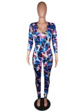 Autumn Sexy Colorful Print Plunging Bodycon Jumpsuit