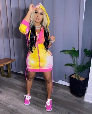 Long Sleeve Tie Dye Zip Up Hoody Dress