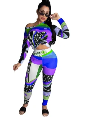 Casual 2 Piece Colorful Matching High Waist Pants Set