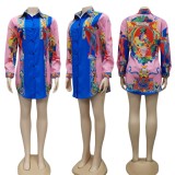 Pink and Blue Retro Print African Blouse Dress