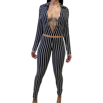 Sexy 2 Piece Striped Fitted Crop Top and Legging Set