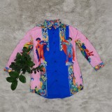 Pink and Blue Retro Print African Blouse Dress