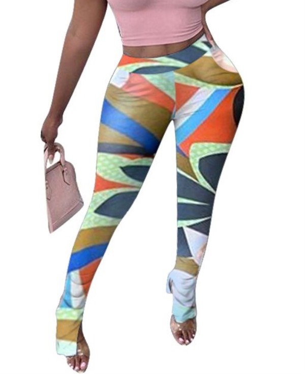 Colorful Print High Waist Slit Pants