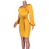 Solid Plain Knotted Bodycon Dress with Puff Sleeves