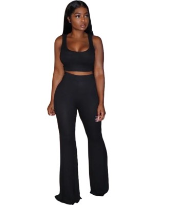Solid Color 2 Piece Matching Tube Crop Top and Flare Pants Set
