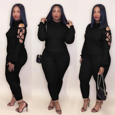 Solid Plain 2 Piece Lace Up Shirt and Pants Set
