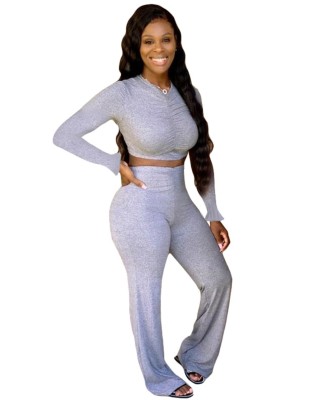 Solid Color 2 Piece Ruched Crop Top and Pants Set