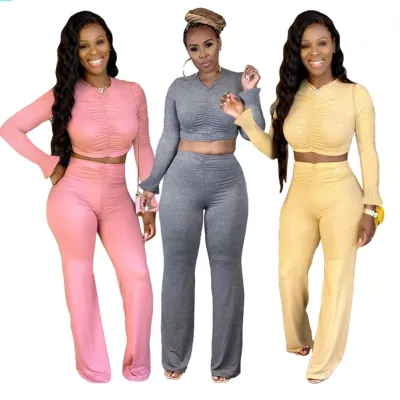 Solid Color 2 Piece Ruched Crop Top and Pants Set
