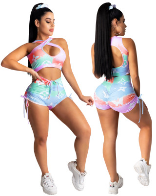Tie Dye Sexy Cut Out Vest and Shorts Set