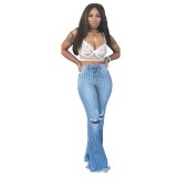 Blue Striped High Waist Ripped Flare Jeans